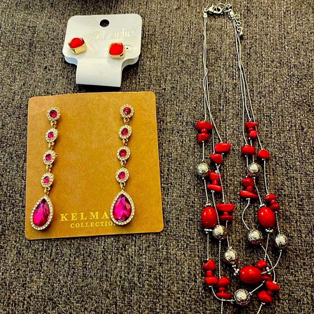 3 Piece Red Silver Gold & Clear Rhinestone Earrings And Necklace